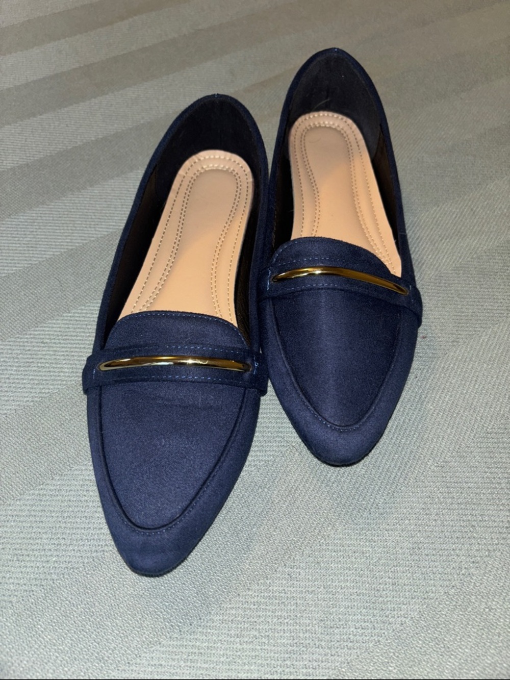 Women's Navy Pointed Toe Loafers with Gold Bar